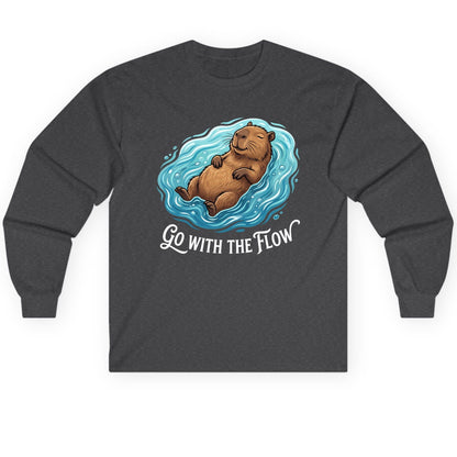 Go WITH THE Flow Funny Capybara Long Sleeve Tee - product mockup - Dark Heather