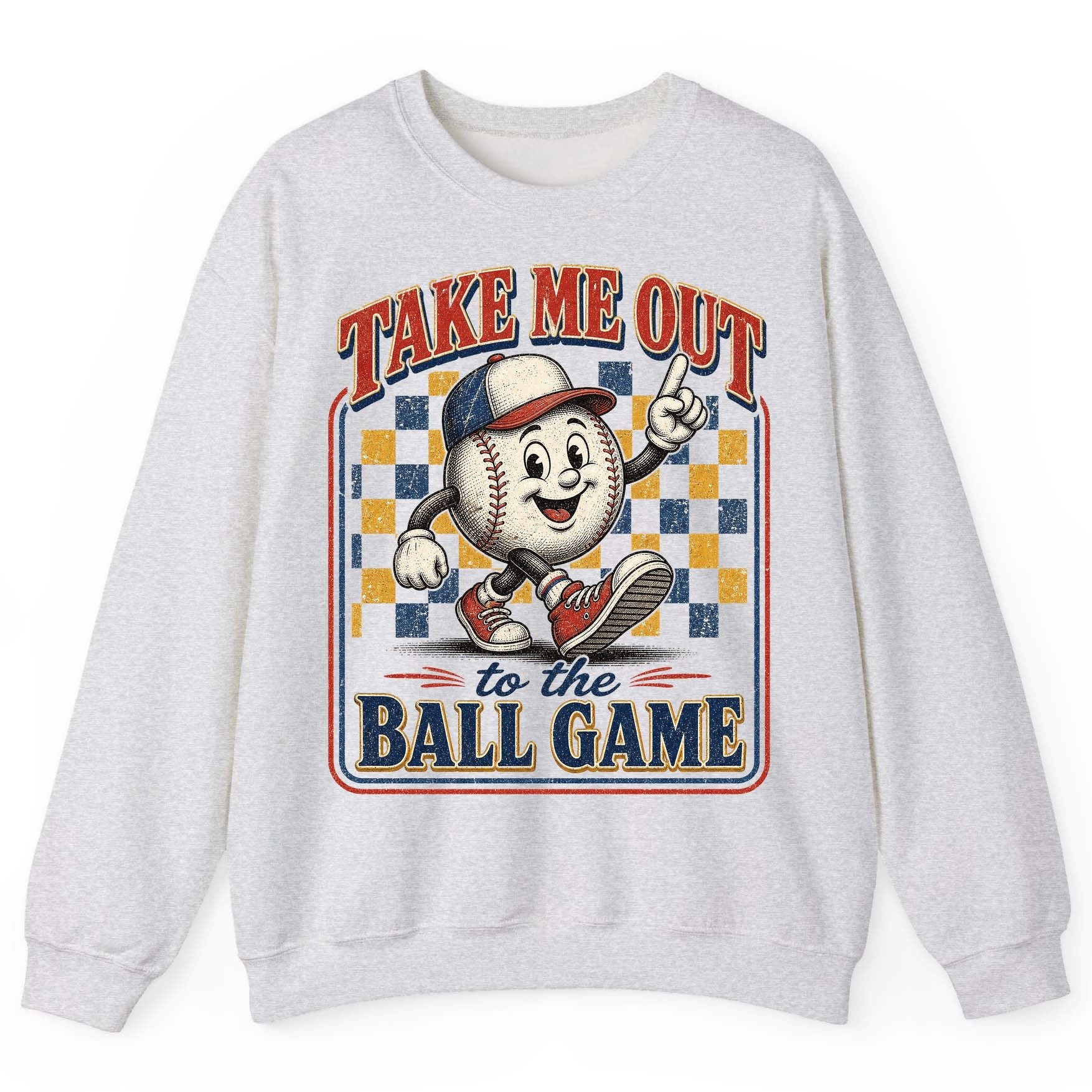 Take Me Out to the Ball Game Retro Baseball Sweatshirt - product mockup - Ash