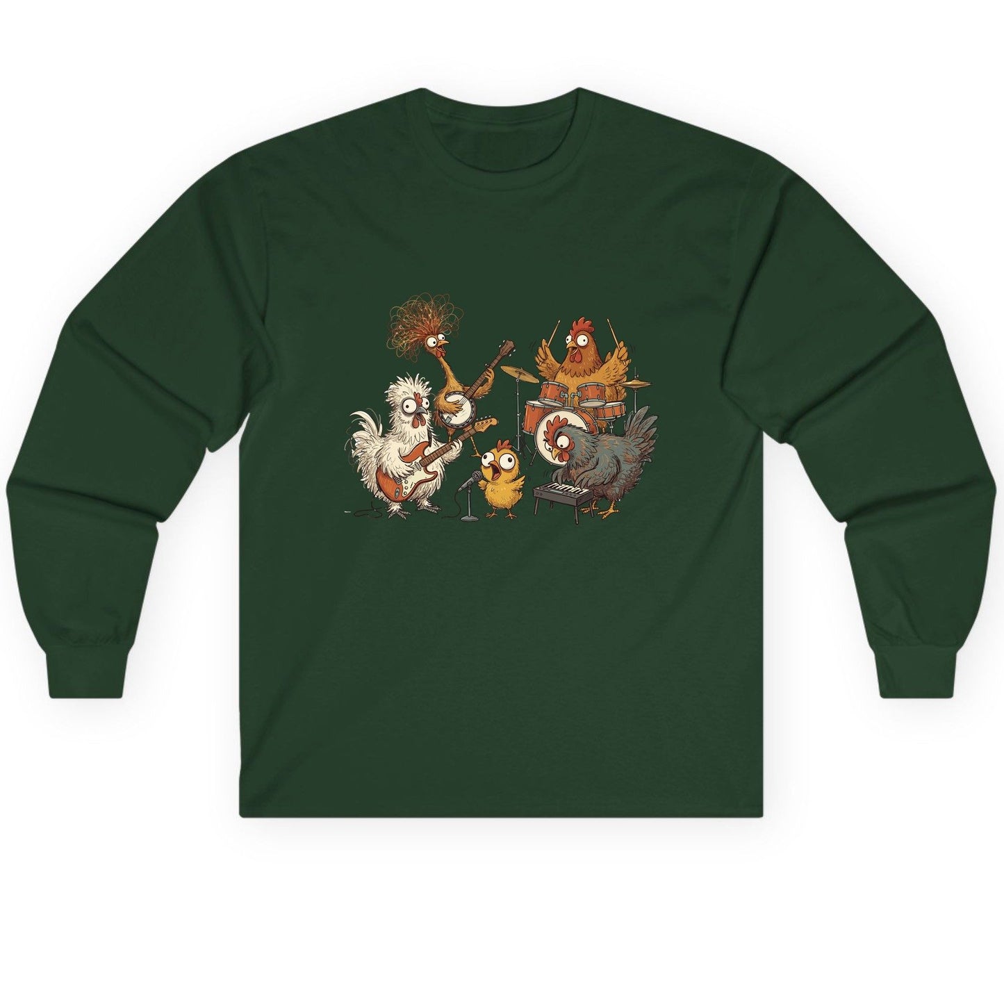 Chicken Rock Band chicken rock band Long Sleeve Tee Forest Green product mockup