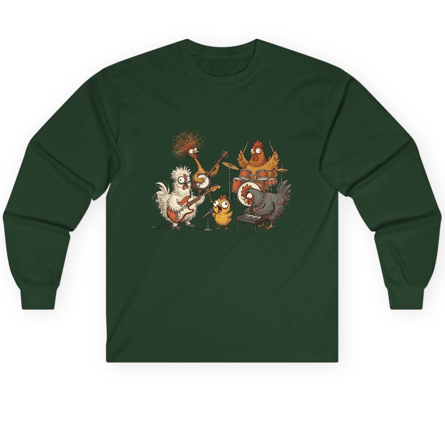 Chicken Rock Band chicken rock band Long Sleeve Tee Forest Green product mockup