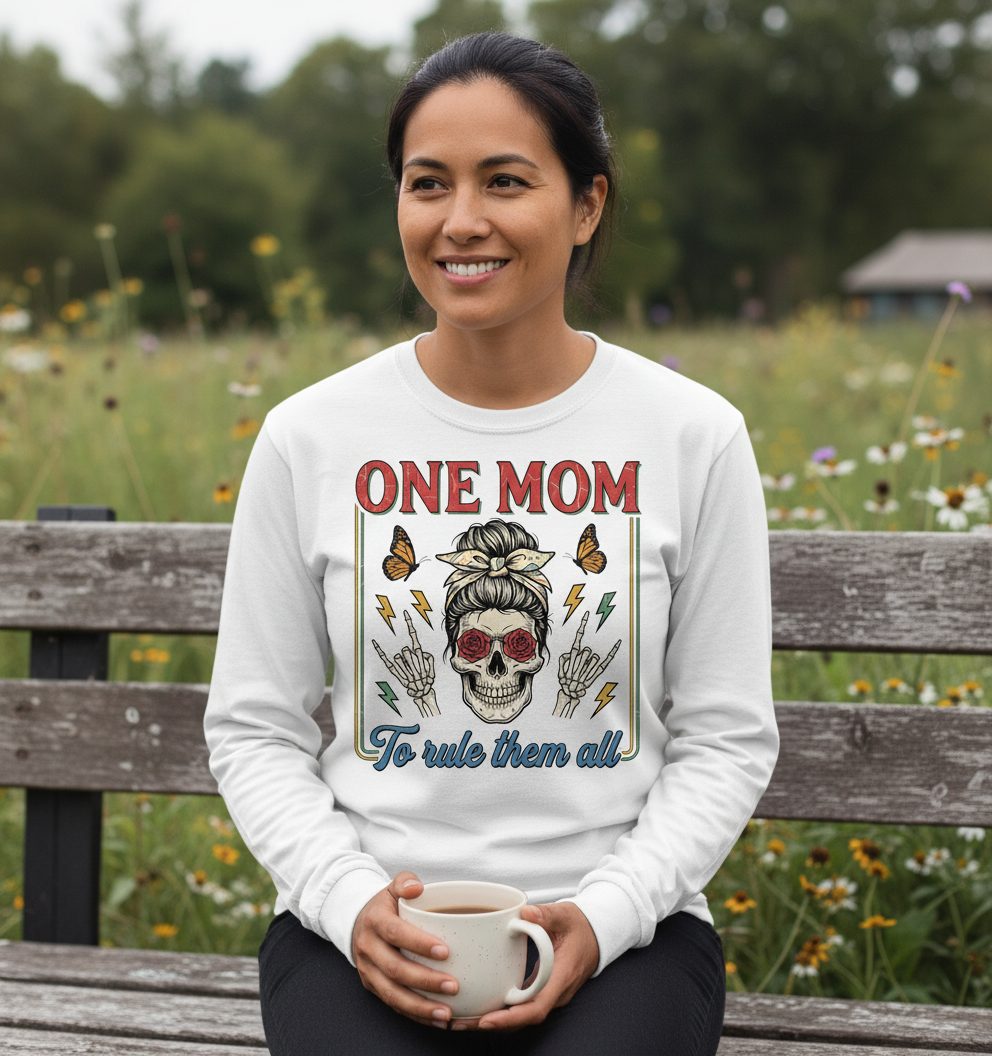 ONE MOM to Rule Them All Funny Skull Long Sleeve Tee - lifestyle model mockup - White