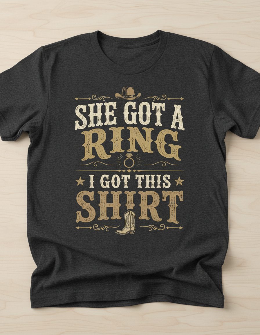 SHE GOT a RING I GOT THIS SHIRT Funny Bachelor Party T-Shirt - product mockup - Dark Heather