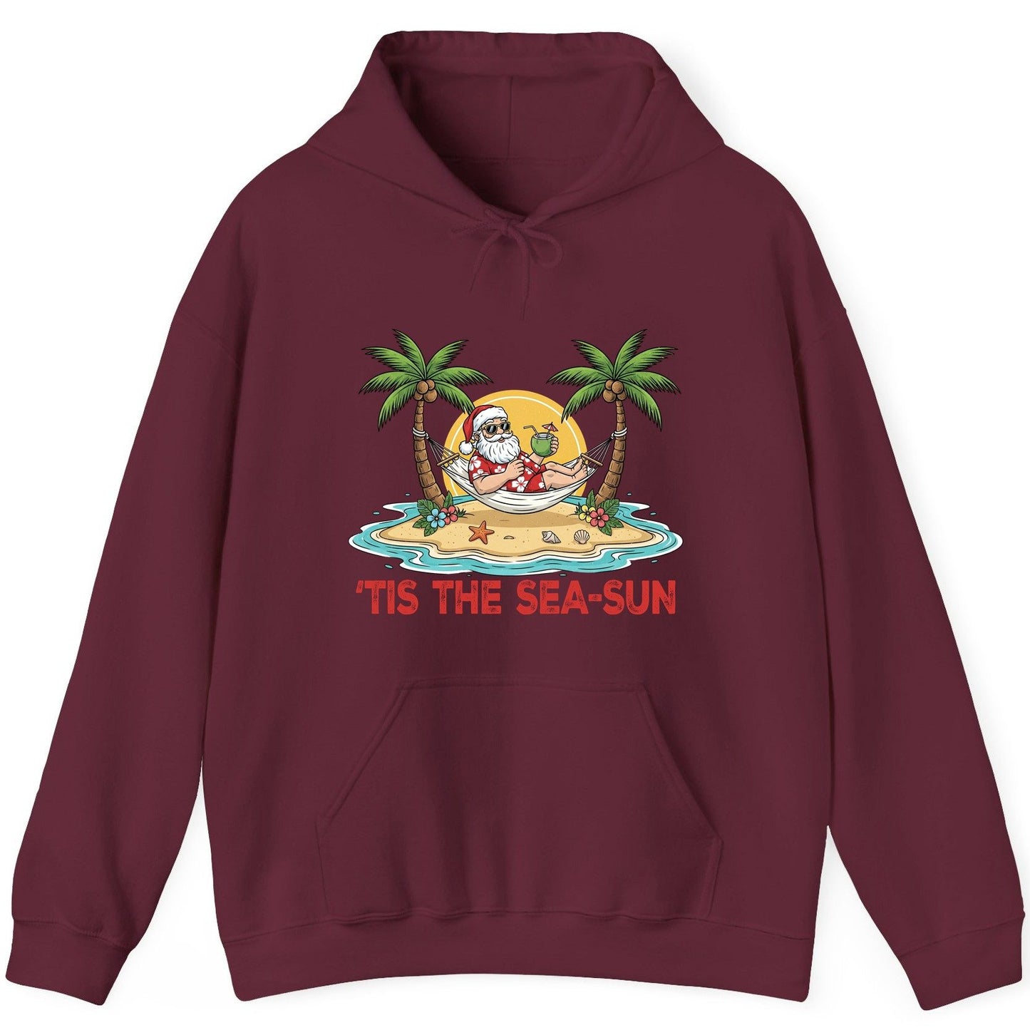 'Tis the Sea-Sun santa claus on a tropical vacation Hoodie Maroon product mockup
