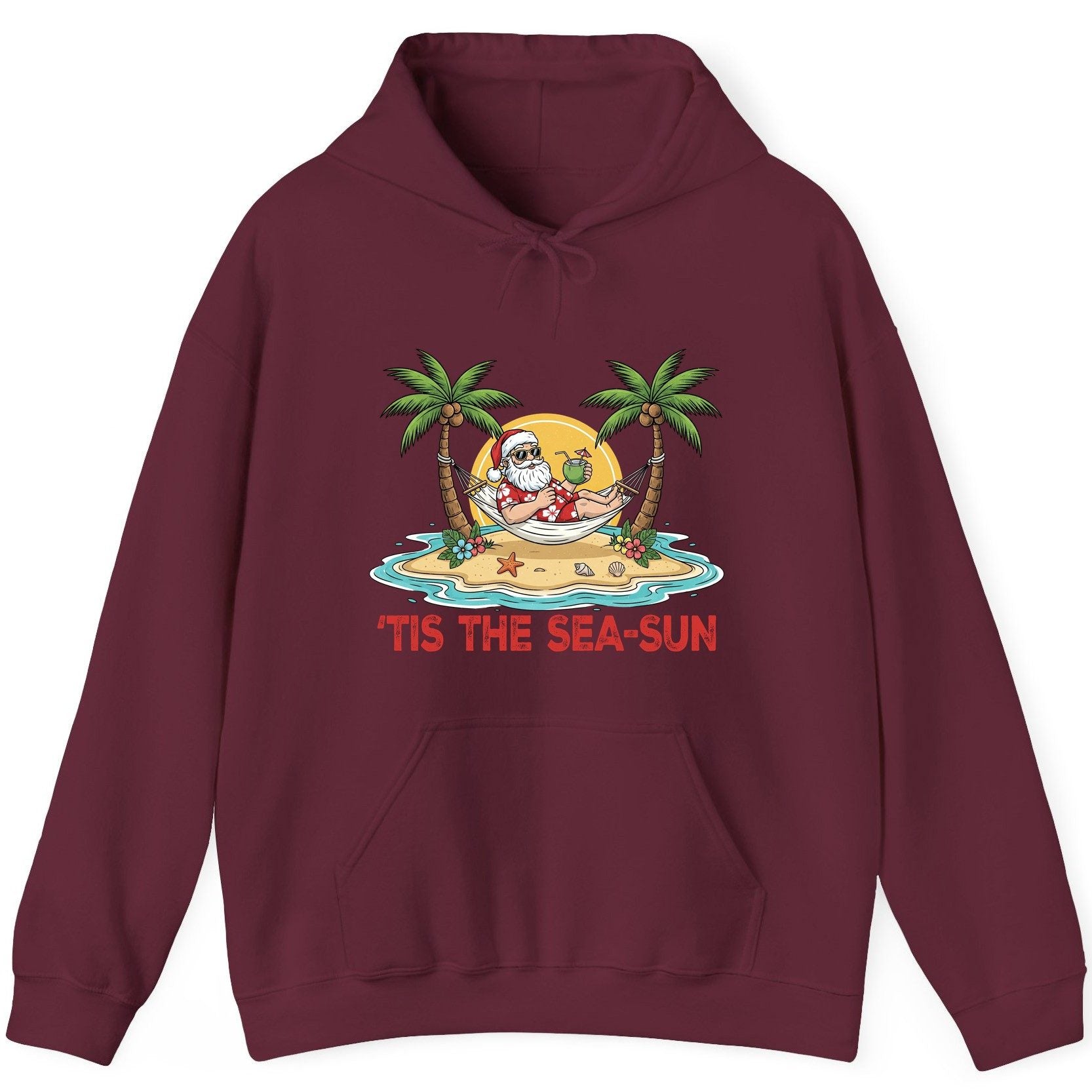 'Tis the Sea-Sun santa claus on a tropical vacation Hoodie Maroon product mockup