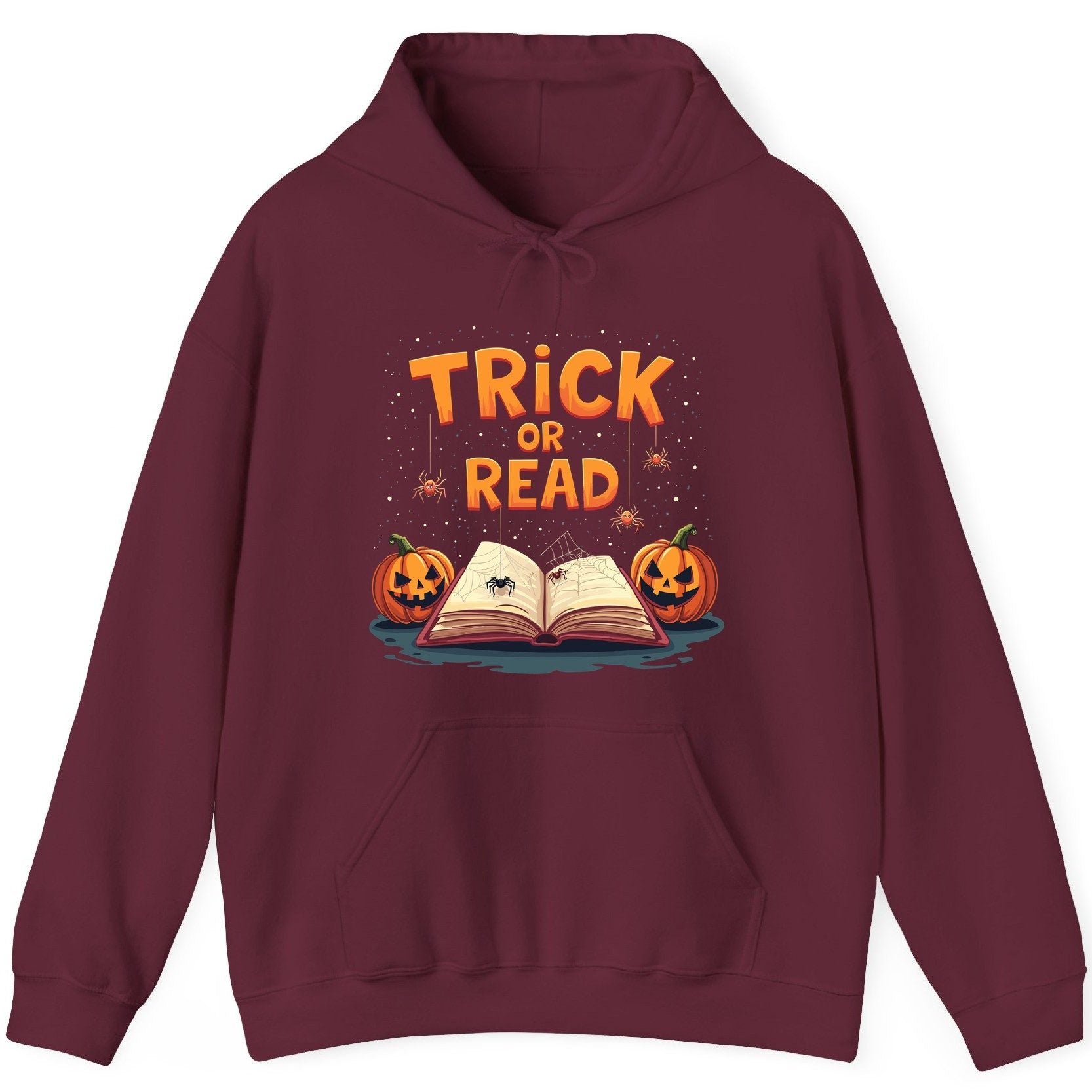 Trick or Read Halloween Hoodie Maroon product mockup