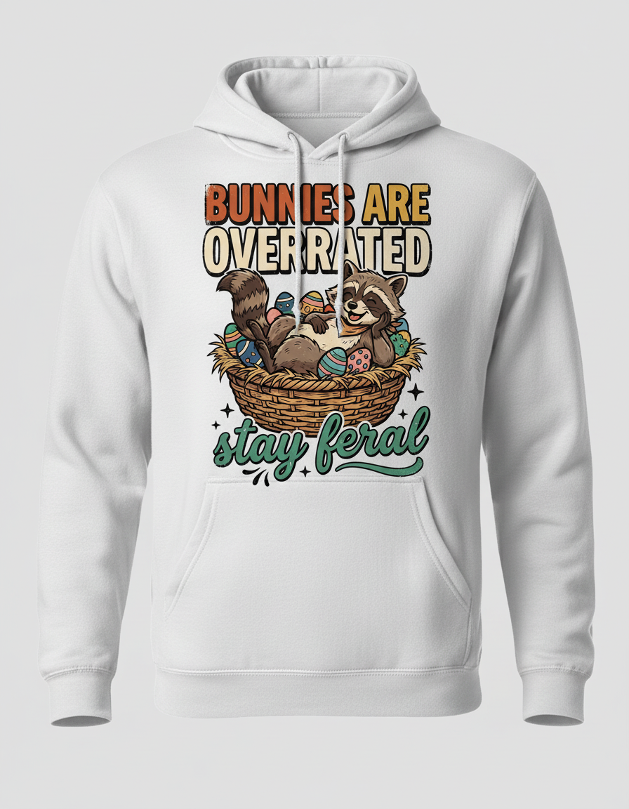 Bunnies Are Overrated Stay Feral Raccoon Easter Design Hoodie - White