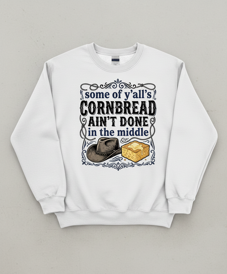 Cornbread Ain't Done In The Middle Funny Southern Quote Sweatshirt - White