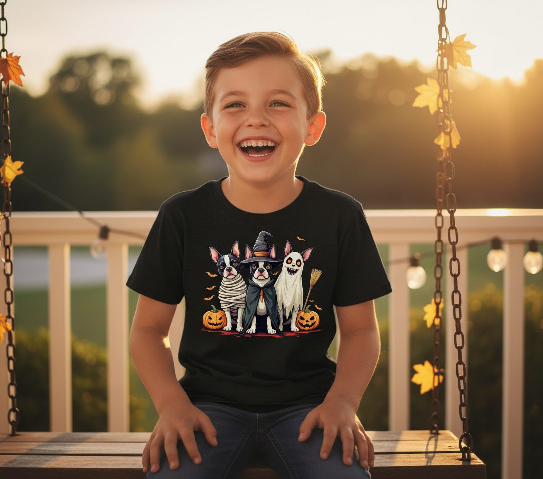 Halloween Boston Terrier Trio boston terrier Youth T-Shirt Black lifestyle mockup