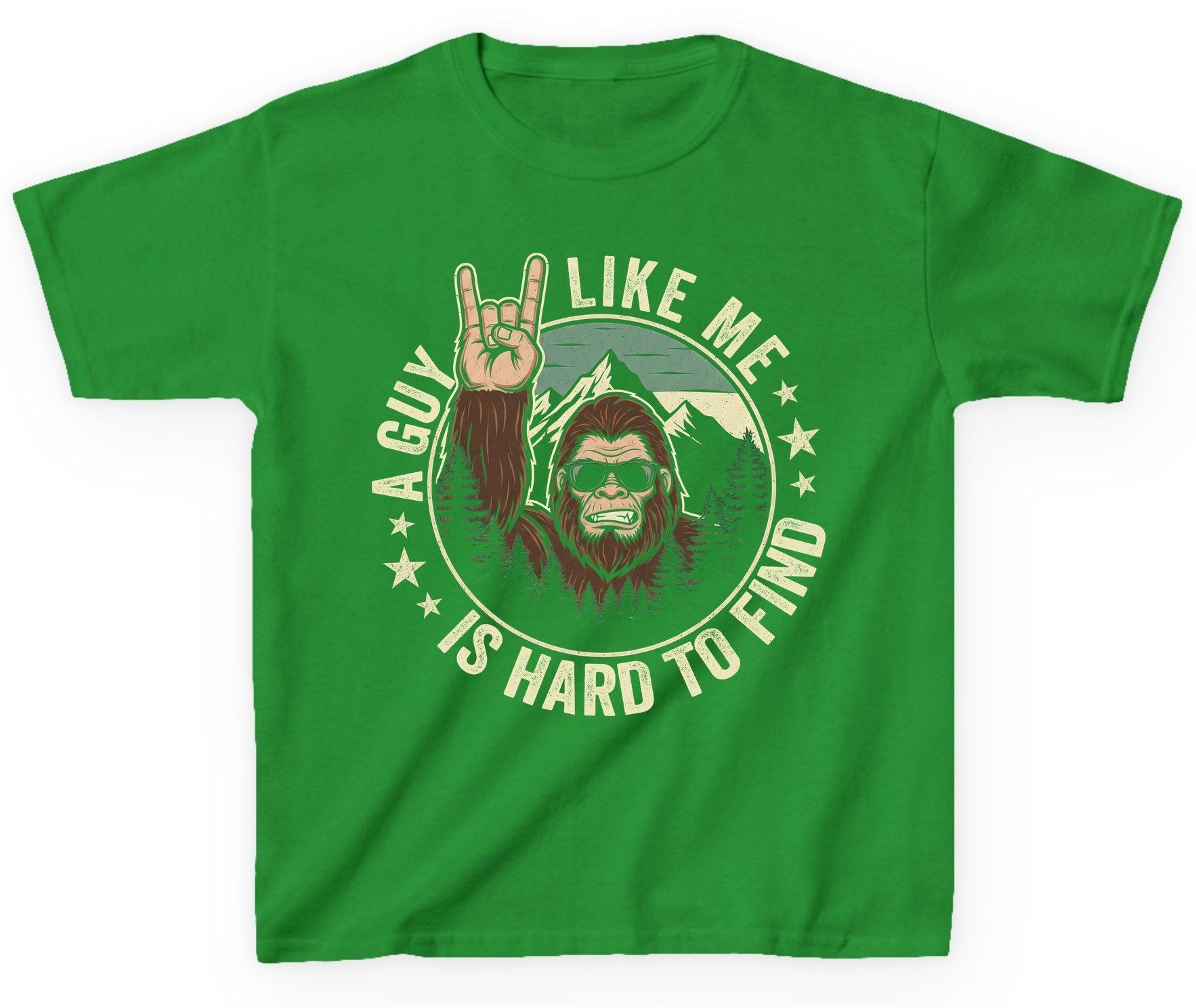 A Guy Like Me Is Hard to Find bigfoot Youth T-Shirt Irish Green product mockup