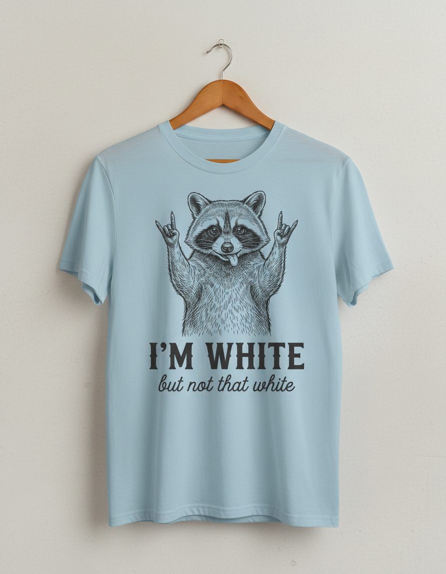 I'M WHITE but Not That White Funny Raccoon T-Shirt - product mockup - Light Blue