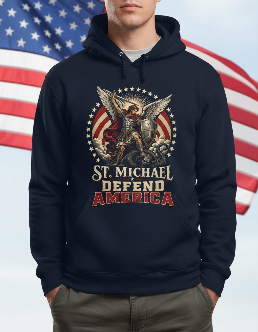 St Michael Defend America Patriotic Christian Hoodie - product mockup - Navy