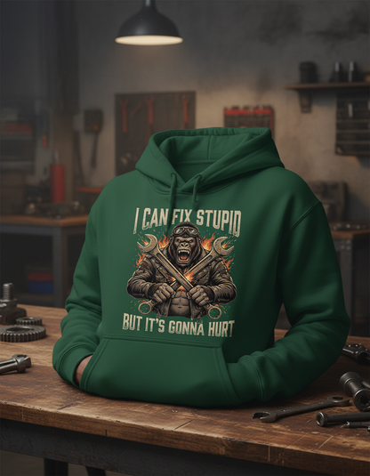 I Can Fix Stupid Gorilla Mechanic Biker Design Hoodie - Forest Green