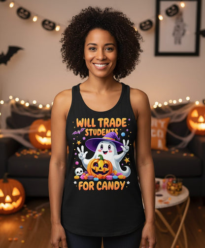 Will Trade Students for Candy teacher Halloween Tank Top Black lifestyle mockup