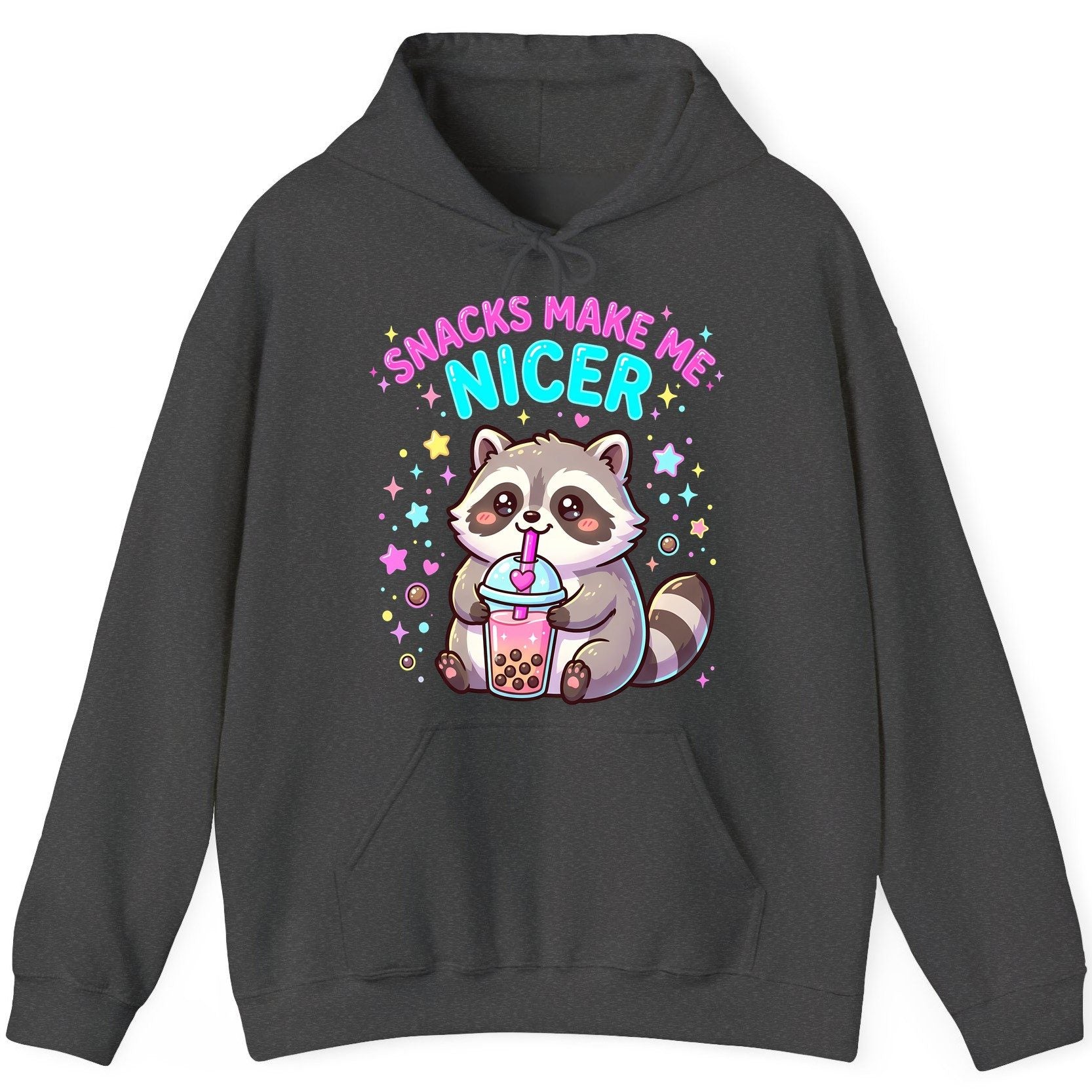 SNACKS MAKE ME NICER Funny Raccoon Hoodie - product mockup - Dark Heather