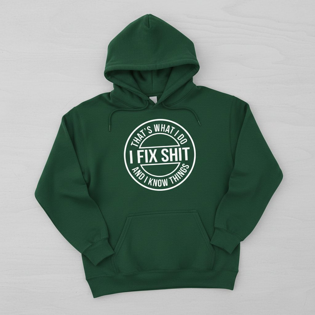 That's What I Do I Fix Shit and I Know Things Funny Handyman Hoodie - product mockup - Forest Green