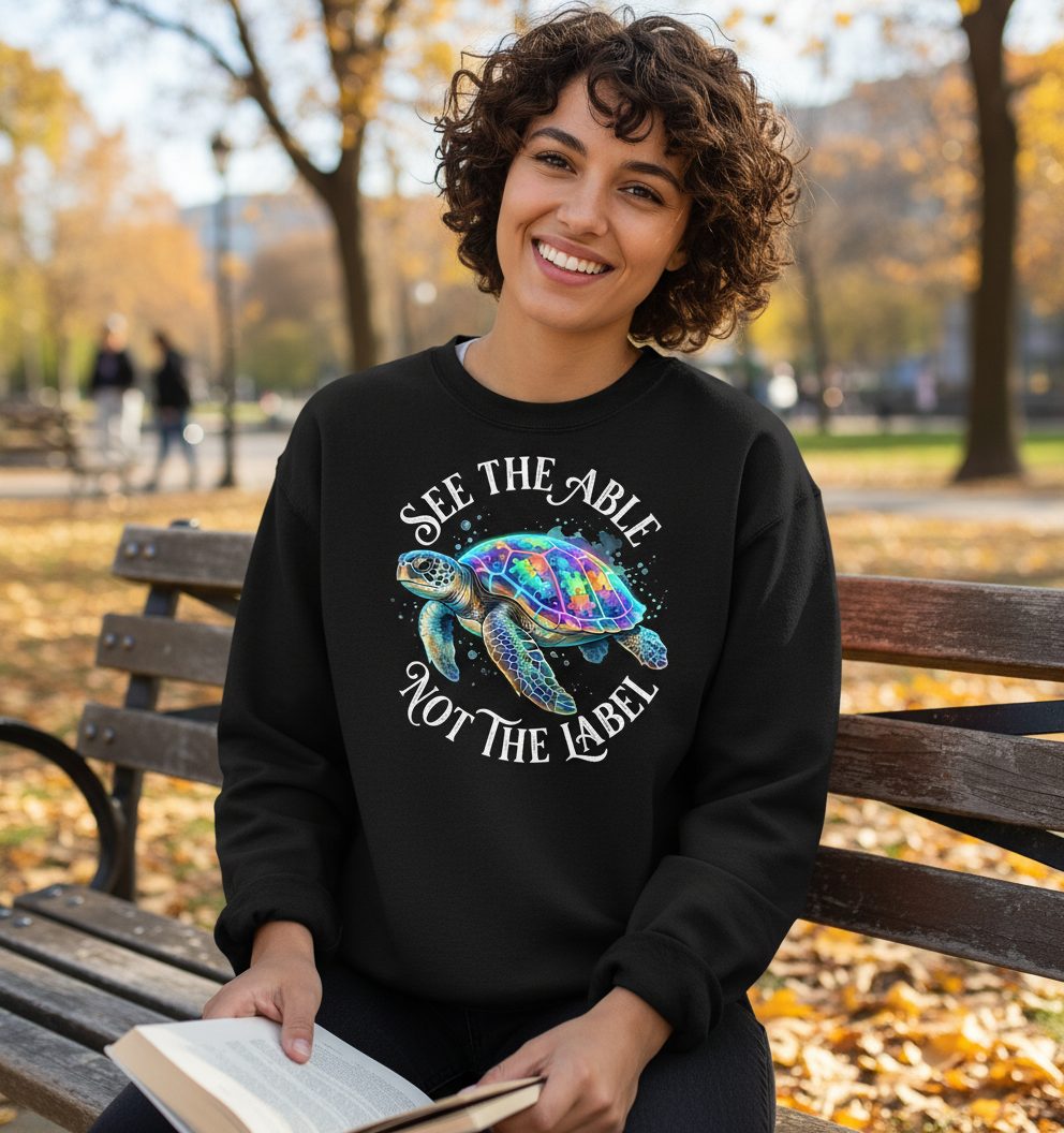 See the Able Not the Label Autism Awareness Sweatshirt - lifestyle model mockup - Black