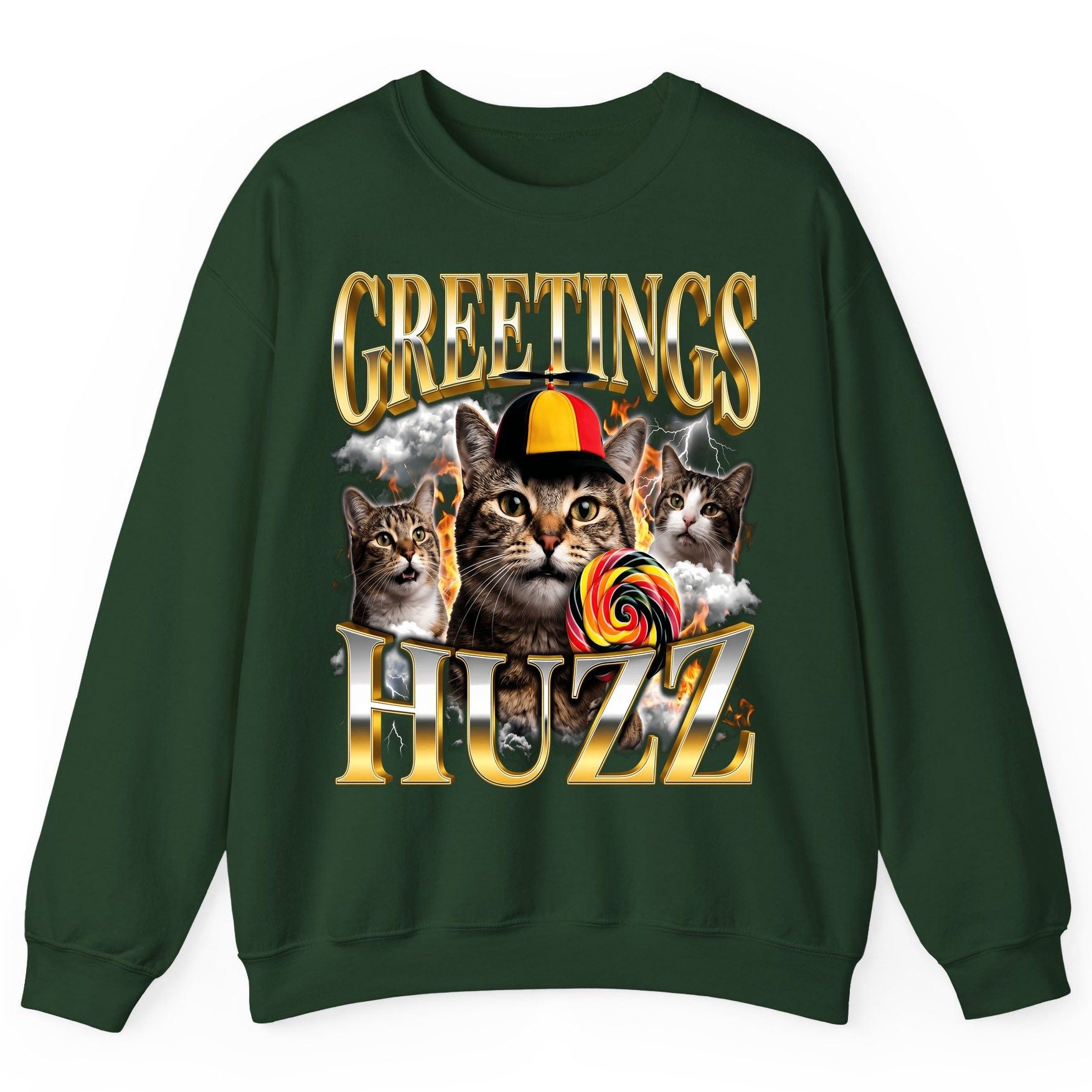 Greetings HUZZ Funny Cats Sweatshirt - product mockup - Forest Green