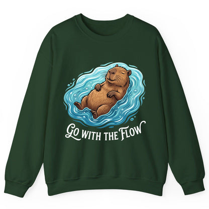 Go WITH THE Flow Funny Capybara Sweatshirt - product mockup - Forest Green
