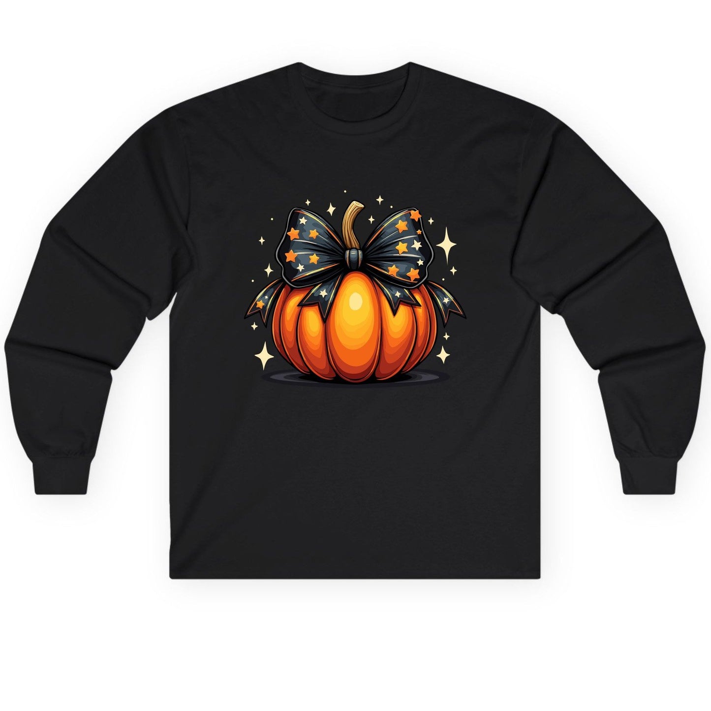 Starry Bow Pumpkin Halloween pumpkin Long Sleeve Tee Black product mockup