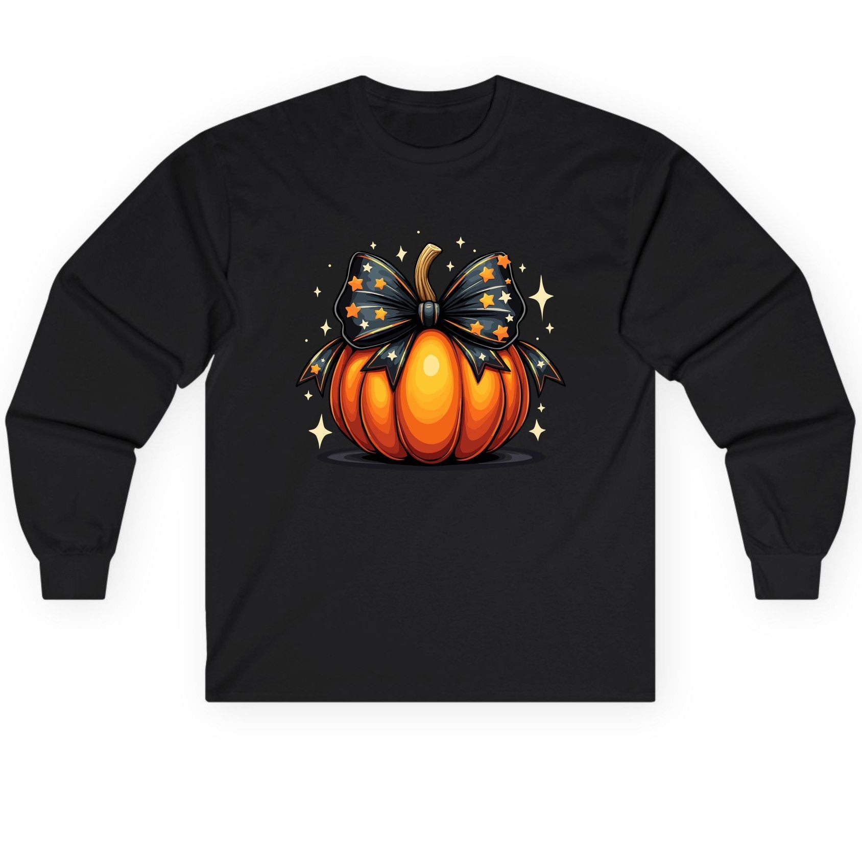 Starry Bow Pumpkin Halloween pumpkin Long Sleeve Tee Black product mockup