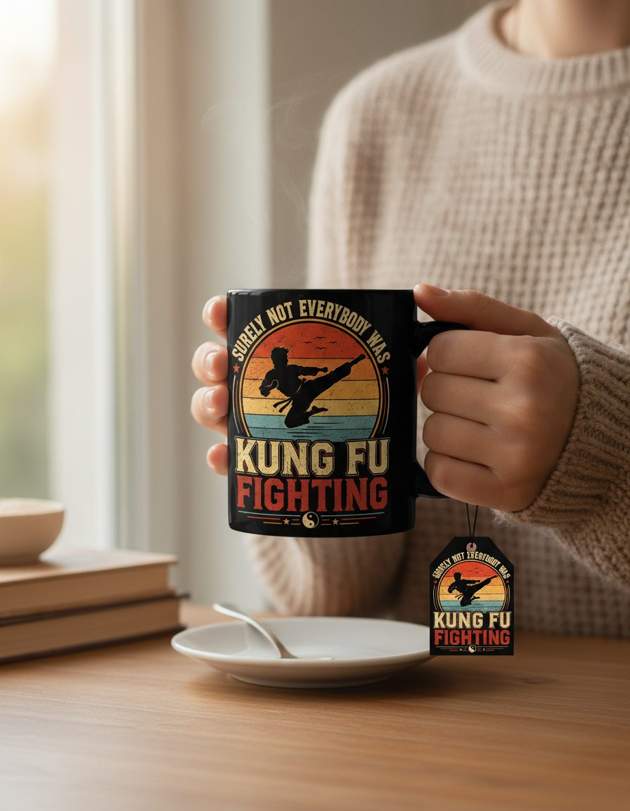 Surely Not Everybody Was Kung Fu Fighting Funny Martial Artists Black Mug - lifestyle model mockup - Black