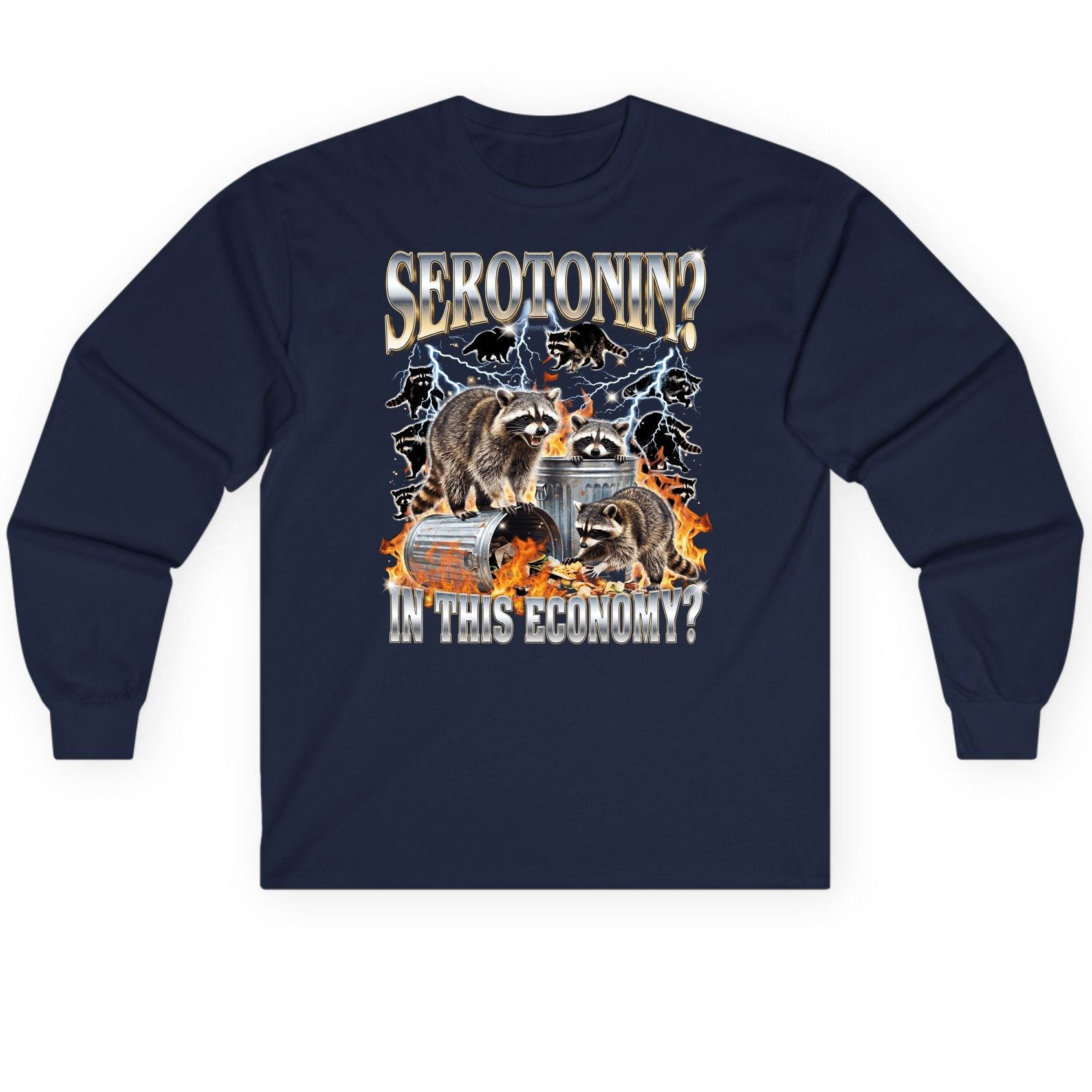 Serotonin in This Economy? raccoons Long Sleeve Tee Navy product mockup