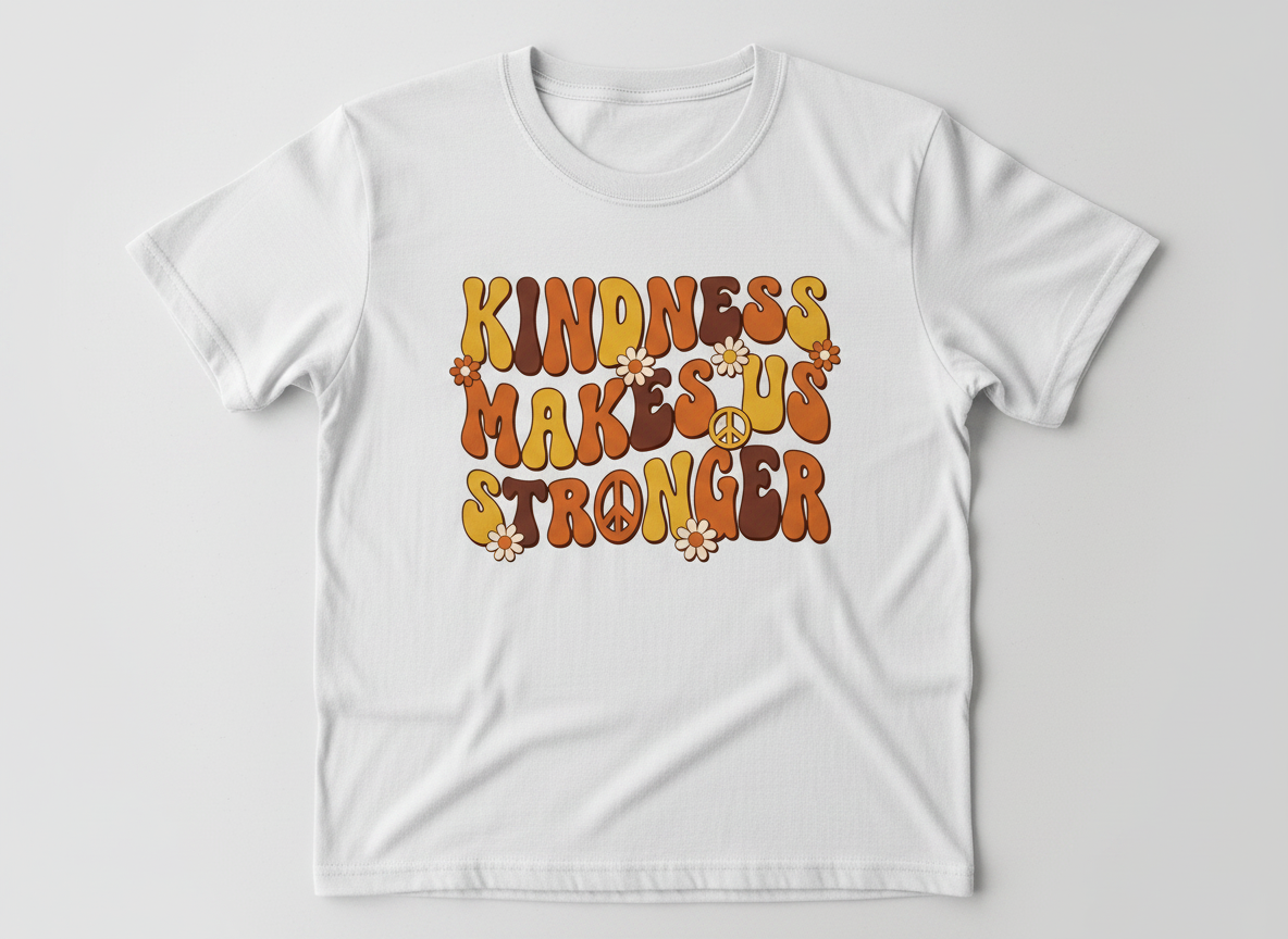 Kindness Makes Us Stronger Groovy 70s Retro Design T-Shirt - White