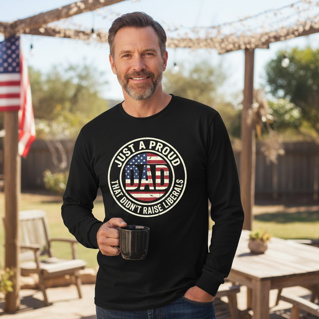 Just a Proud Dad That Didn't Raise Liberals patriotic fatherhood Long Sleeve Tee Black lifestyle mockup