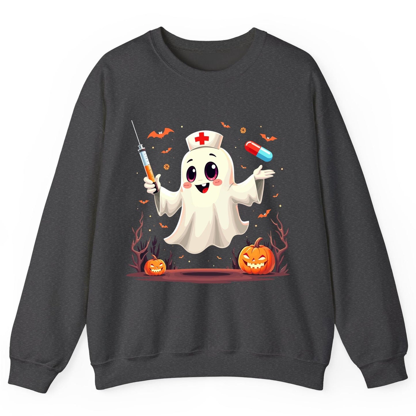 Cute Ghost Nurse Halloween ghost nurse Sweatshirt Dark Heather product mockup