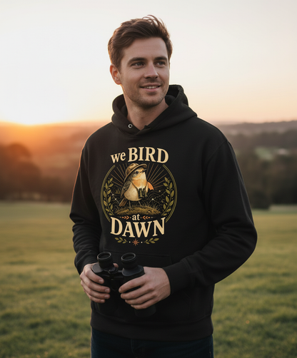 Funny We Bird At Dawn Hoodie - lifestyle model mockup - Black