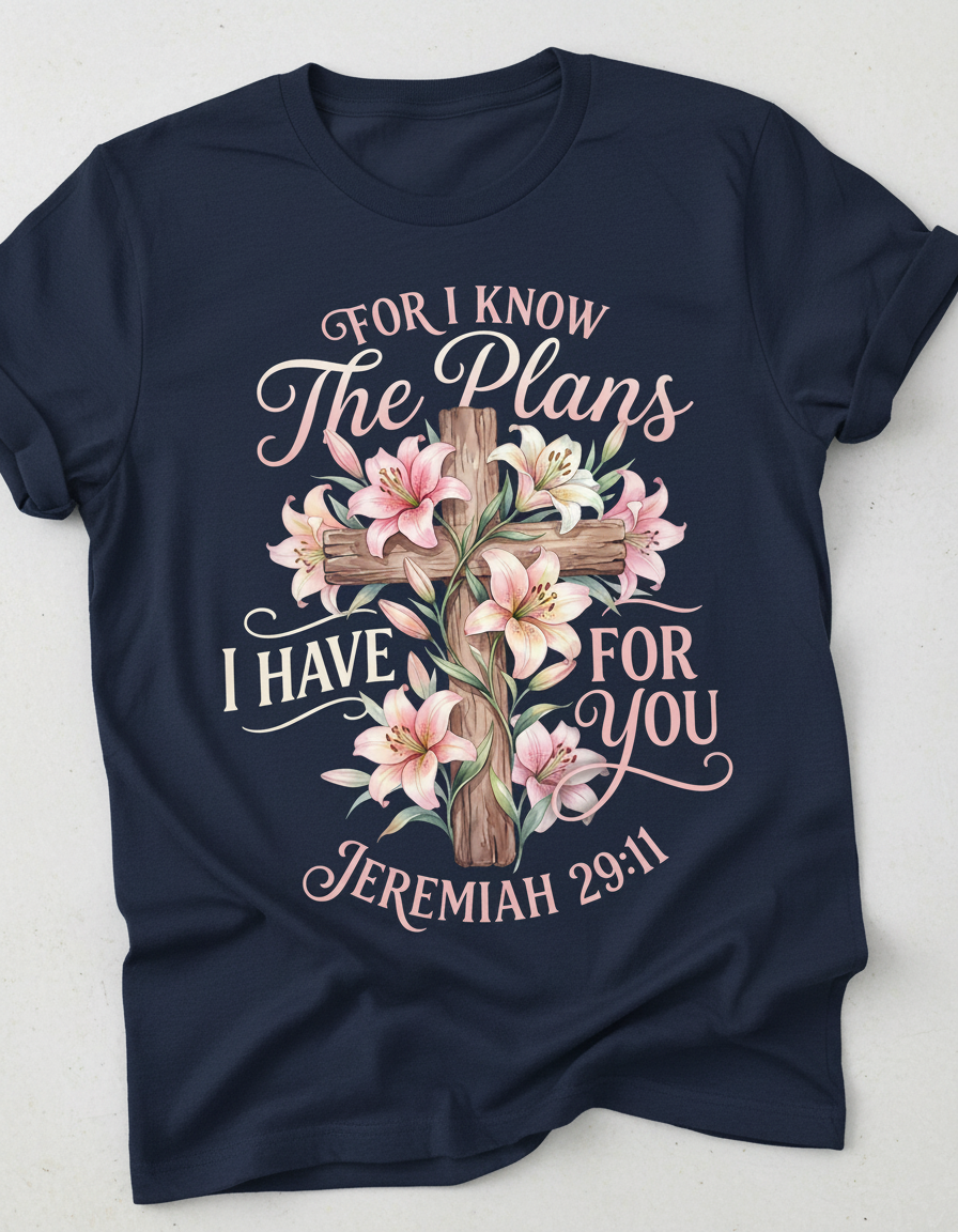 Jeremiah 29:11 For I Know The Plans I Have For You Cross and Lilies T-Shirt - Navy