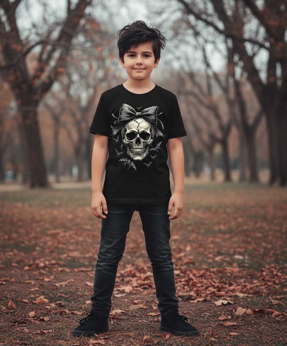 Gothic Skull with Bow gothic skull Youth T-Shirt Black lifestyle mockup
