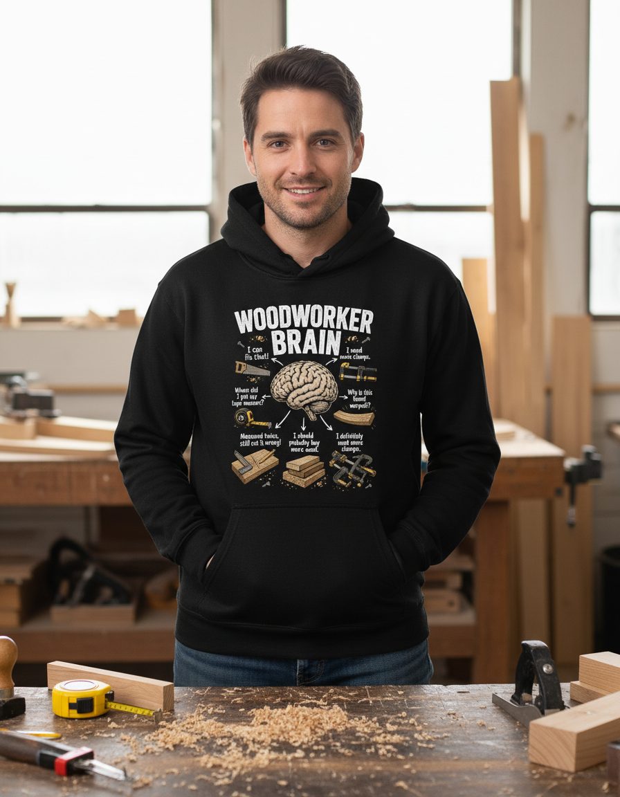 Woodworker Brain Funny Woodworking Hoodie - lifestyle model mockup - Black