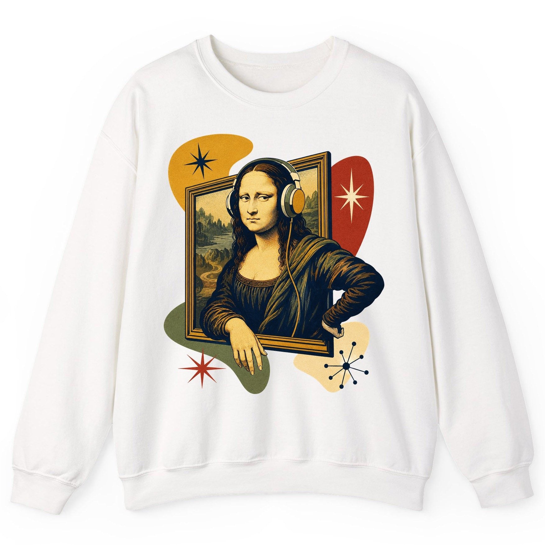Retro Mona Lisa with Headphones Funny Art Lovers Sweatshirt - product mockup - White