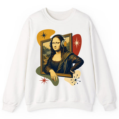 Retro Mona Lisa with Headphones Funny Art Lovers Sweatshirt - product mockup - White