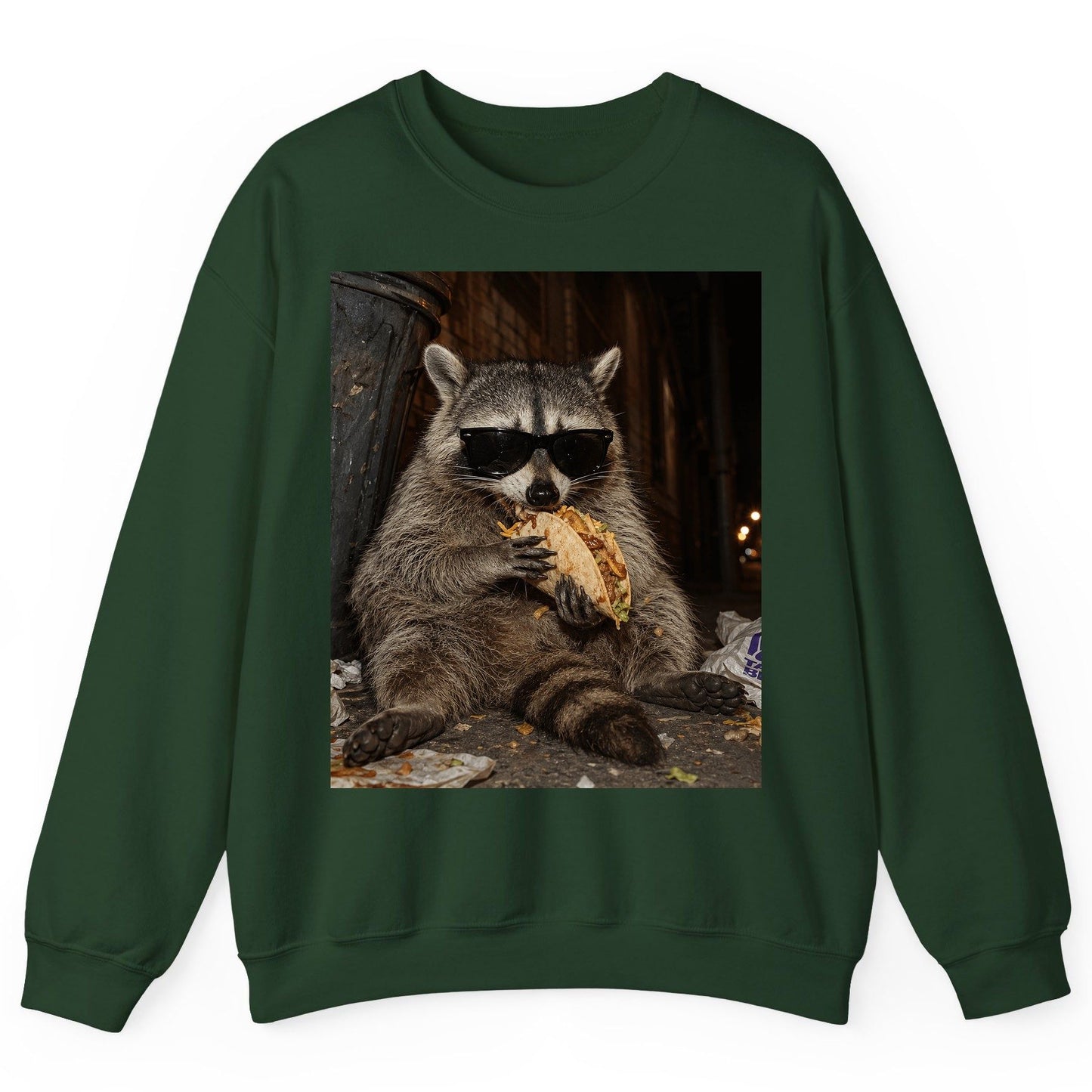 Raccoon Eating Taco Funny Animal Lovers Sweatshirt - product mockup - Forest Green