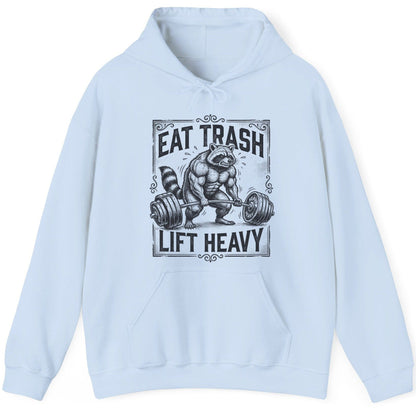 Eat Trash Lift Heavy raccoon Hoodie Light Blue product mockup