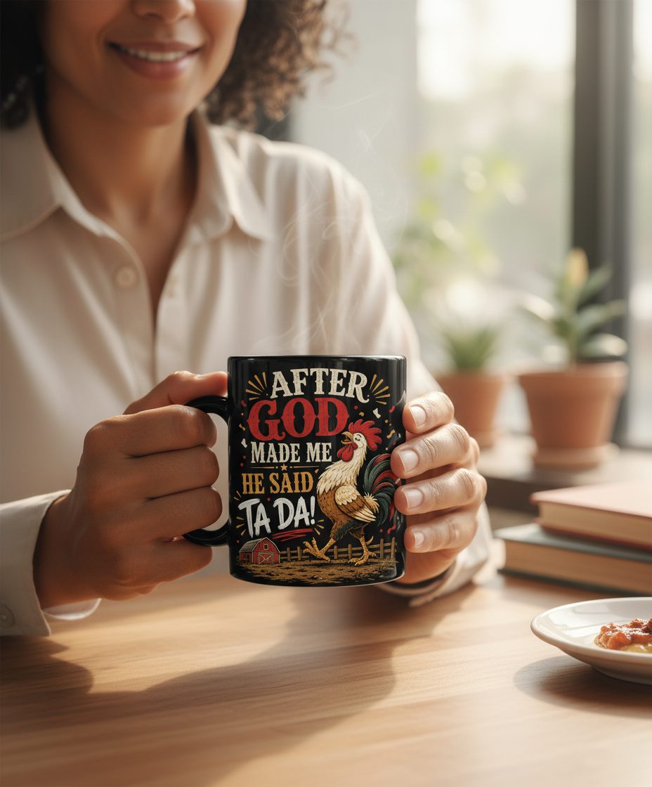 AFTER GOD MADE ME HE SAID TA DA Funny Rooster Black Mug - lifestyle model mockup - Black