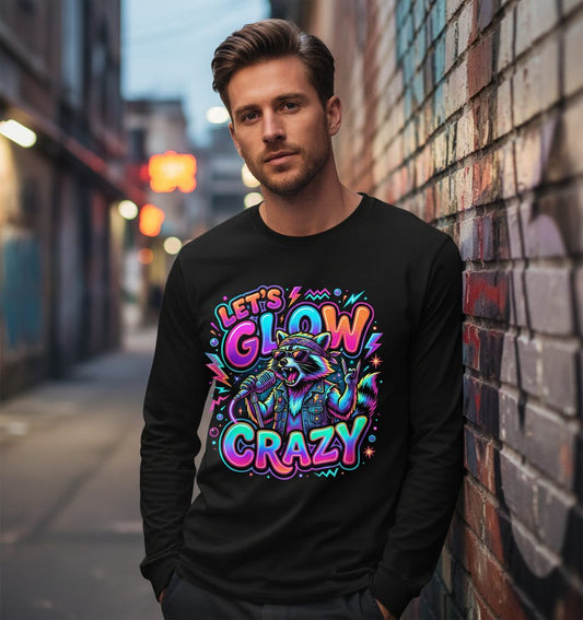 Let's Glow Crazy Funny Rockstar Raccoon Long Sleeve Tee - lifestyle model mockup - Black