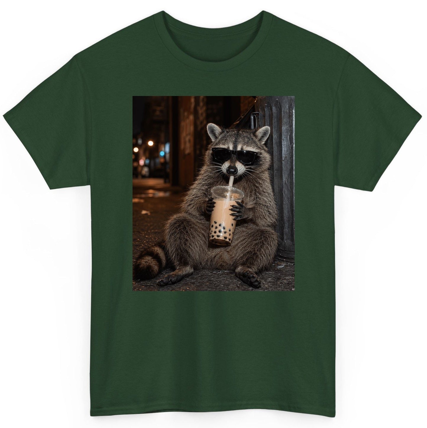 Cool Raccoon Bubble Tea Funny Lovers T-Shirt - product mockup - Forest Green