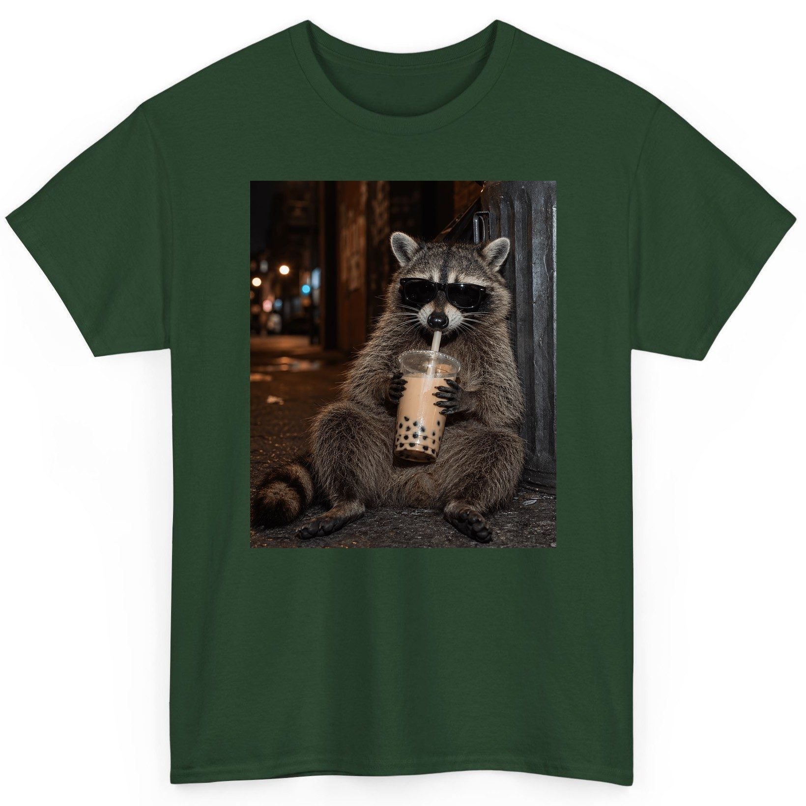 Cool Raccoon Bubble Tea Funny Lovers T-Shirt - product mockup - Forest Green