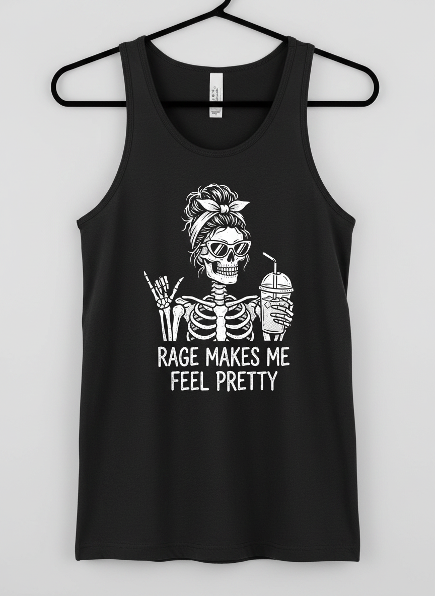 Rage Makes Me Feel Pretty Skeleton Messy Bun Tank Top - Black