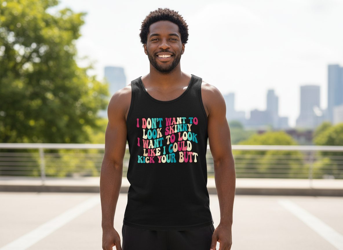 I Don't Want to Look Skinny I Want to Look Like I Could Kick Your Butt fitness motivation Tank Top Black lifestyle mockup