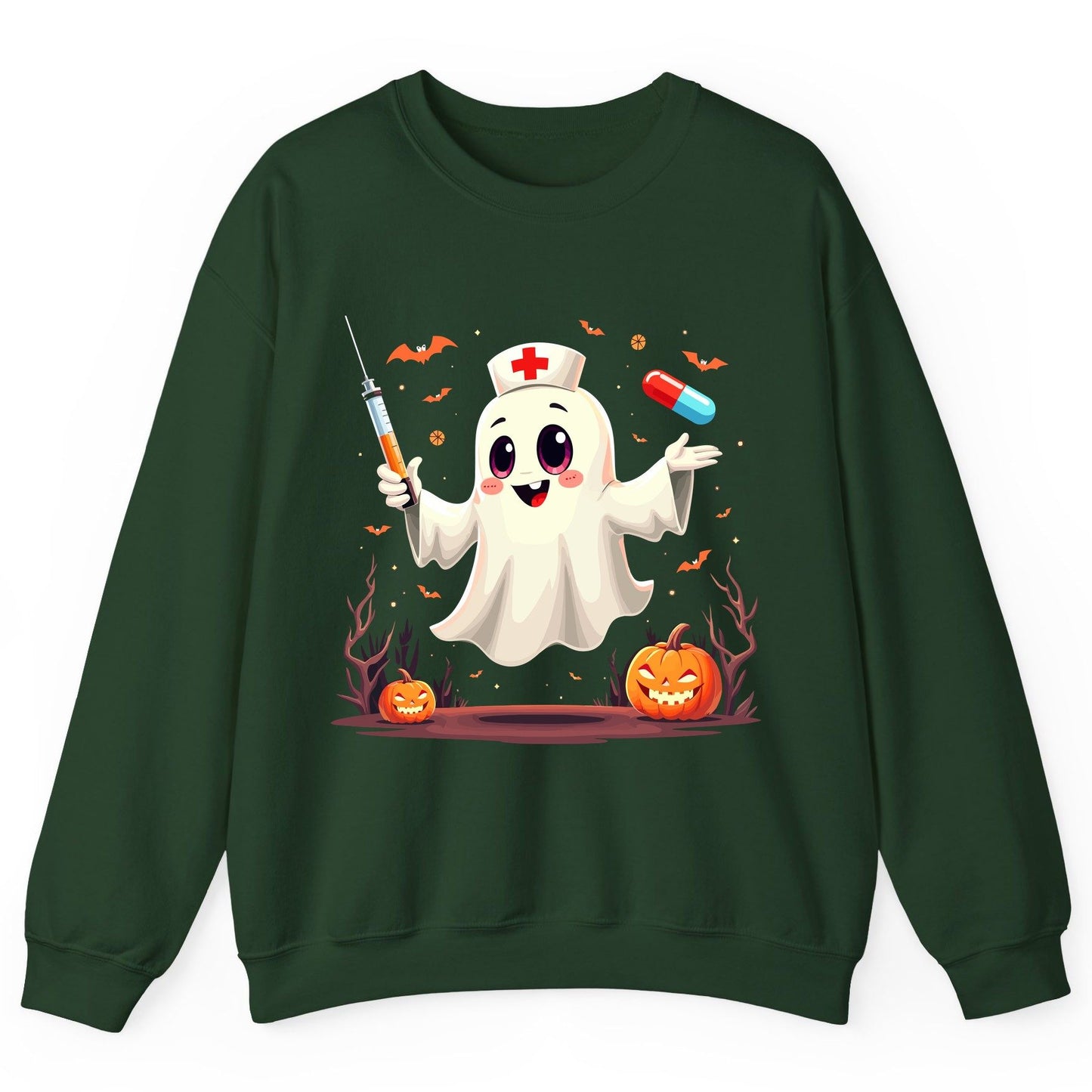 Cute Ghost Nurse Halloween ghost nurse Sweatshirt Forest Green product mockup