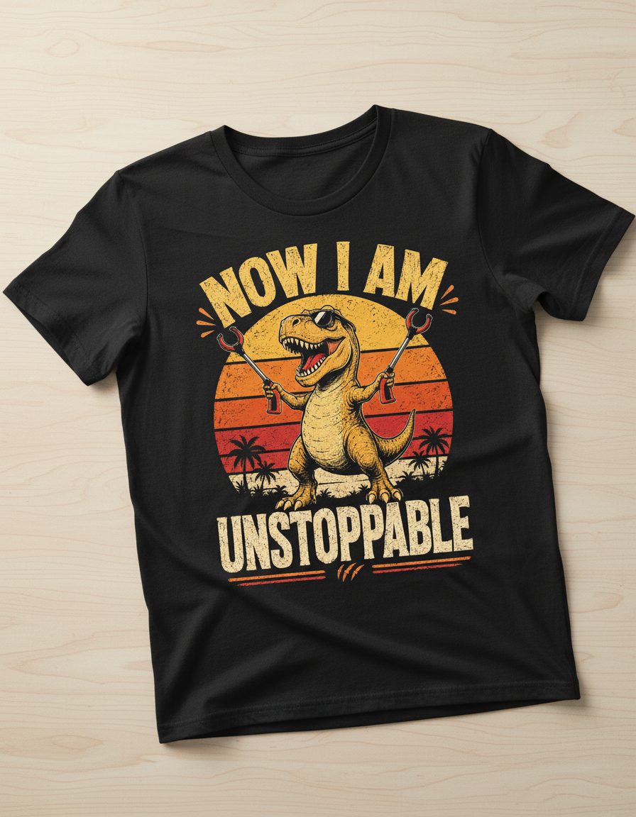 Now I Am Unstoppable Funny T-Rex T-Shirt - product mockup - Black