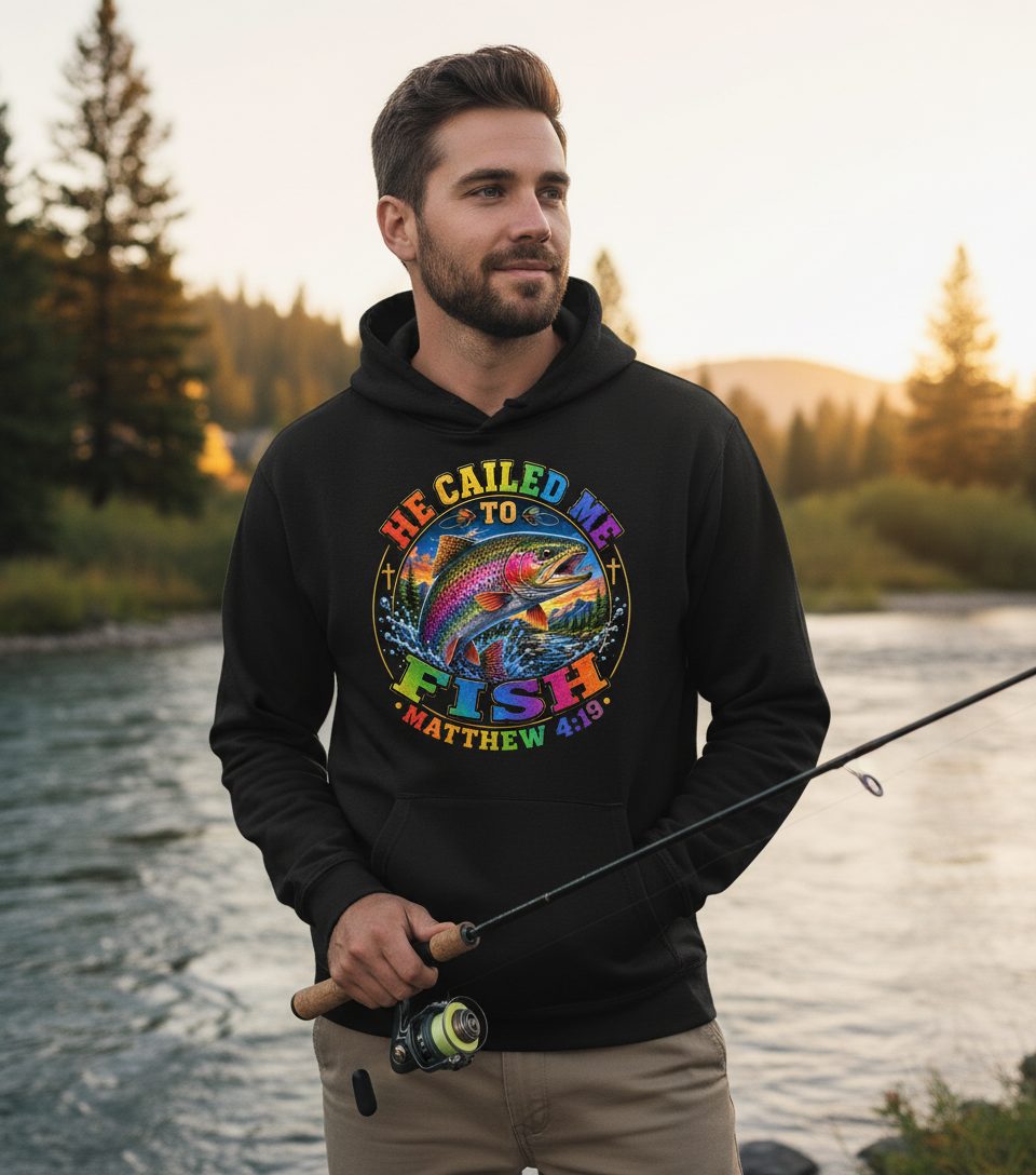HE CALLED ME TO FISH Matthew 4 19 Christian Fishing Hoodie - lifestyle model mockup - Black