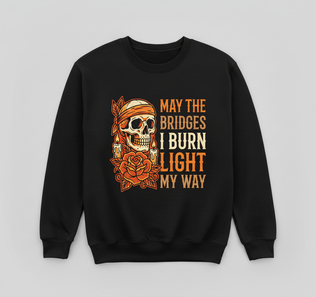 May The Bridges I Burn Light My Way Skull and Rose Tattoo Art Sweatshirt - Black