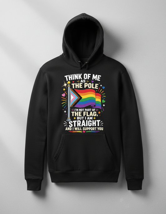 Straight Ally Pride Support 'Think of Me as the Pole' Design Hoodie - Black