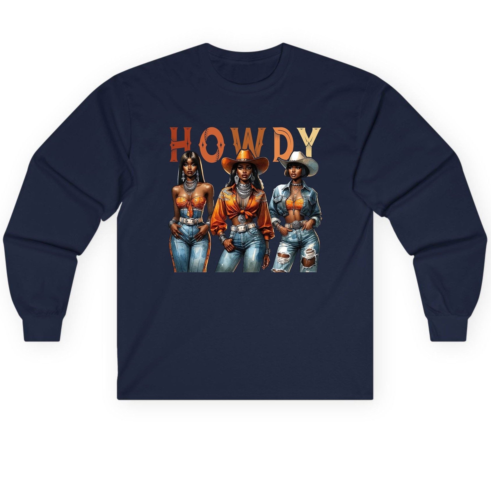 Howdy black cowgirls Long Sleeve Tee Navy product mockup