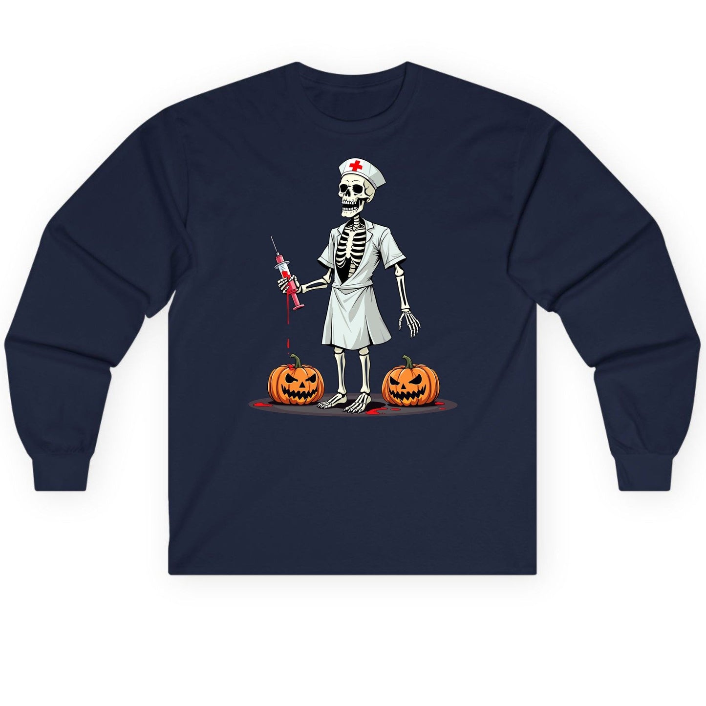 Spooky Skeleton Nurse Halloween skeleton nurse Long Sleeve Tee Navy product mockup